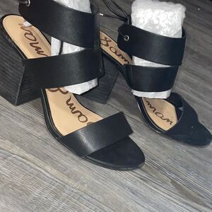 Sam Edelman Valerie Sandal Stacked heel black faux leather Lace up Womens US 9.5